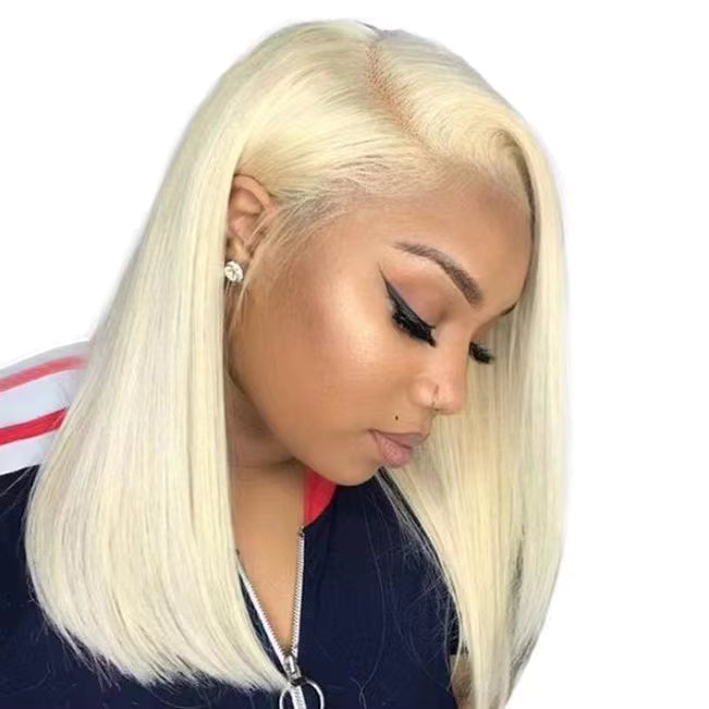 Person with long blonde straight hair on a white background 613 blonde wig, 613 lace front wig, platinum blonde wig, blonde bob wig, lace front bob wig, human hair bob wig, 100% human hair wig, platinum wig, icy blonde wig, straight bob wig, straight lace front wig, glueless wig, glueless lace front wig, blonde human hair wig, pre lightened wig, #613 wig, custom color wig, dyeable human hair wig, bleach safe wig, toneable wig, lace front human hair wig, short wig, bob hairstyle wig, luxury wig, premium wig,
