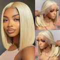 Blonde bob wig on a mannequin head with close-up views. 613 blonde wig, 613 lace front wig, platinum blonde wig, blonde bob wig, lace front bob wig, human hair bob wig, 100% human hair wig, platinum wig, icy blonde wig, straight bob wig, straight lace front wig, glueless wig, glueless lace front wig, blonde human hair wig, pre lightened wig, #613 wig, custom color wig, dyeable human hair wig, bleach safe wig, toneable wig, lace front human hair wig, short wig, bob hairstyle wig, luxury wig, premium wig, nat