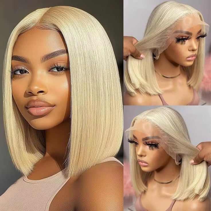 Blonde bob wig on a mannequin head with close-up views. 613 blonde wig, 613 lace front wig, platinum blonde wig, blonde bob wig, lace front bob wig, human hair bob wig, 100% human hair wig, platinum wig, icy blonde wig, straight bob wig, straight lace front wig, glueless wig, glueless lace front wig, blonde human hair wig, pre lightened wig, #613 wig, custom color wig, dyeable human hair wig, bleach safe wig, toneable wig, lace front human hair wig, short wig, bob hairstyle wig, luxury wig, premium wig, nat