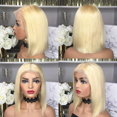 Blonde wig displayed on a mannequin head with a decorative background. 613 blonde wig, 613 lace front wig, platinum blonde wig, blonde bob wig, lace front bob wig, human hair bob wig, 100% human hair wig, platinum wig, icy blonde wig, straight bob wig, straight lace front wig, glueless wig, glueless lace front wig, blonde human hair wig, pre lightened wig, #613 wig, custom color wig, dyeable human hair wig, bleach safe wig, toneable wig, lace front human hair wig, short wig, bob hairstyle wig, luxury wig, p