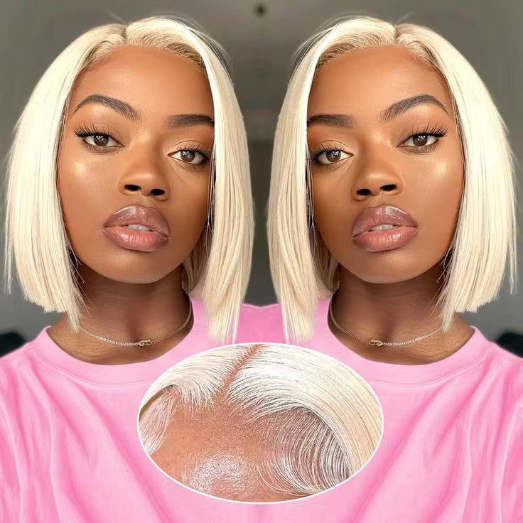 Woman with blonde wig and close-up of hairline inset, wearing a pink shirt. 613 blonde wig, 613 lace front wig, platinum blonde wig, blonde bob wig, lace front bob wig, human hair bob wig, 100% human hair wig, platinum wig, icy blonde wig, straight bob wig, straight lace front wig, glueless wig, glueless lace front wig, blonde human hair wig, pre lightened wig, #613 wig, custom color wig, dyeable human hair wig, bleach safe wig, toneable wig, lace front human hair wig, short wig, bob hairstyle wig, luxury w