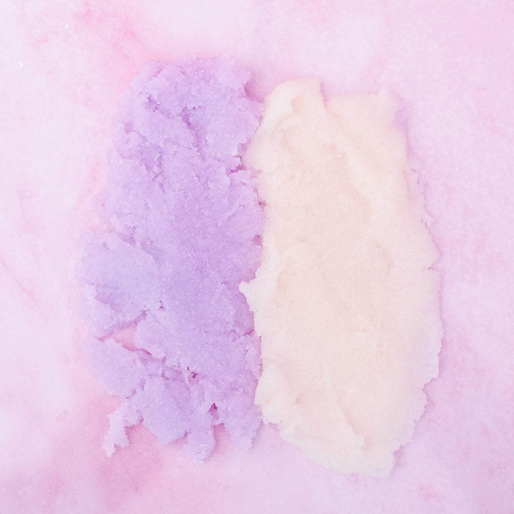 Beaut. Lavender & Vanilla Body Scrub texture swatches – exfoliating body polish for smooth, soft, radiant skin on pink background