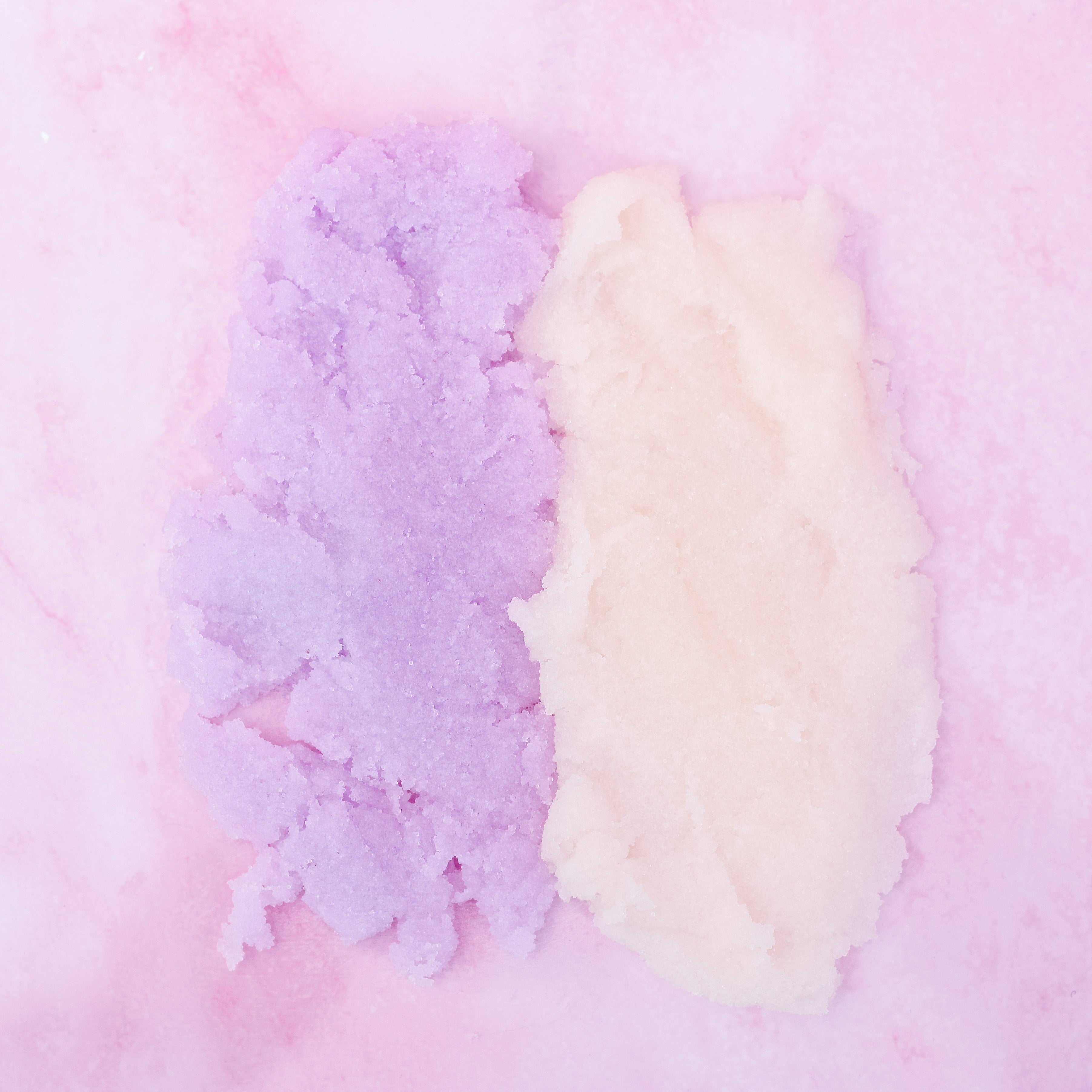Beaut. Lavender & Vanilla Body Scrub texture swatches – exfoliating body polish for smooth, soft, radiant skin on pink background