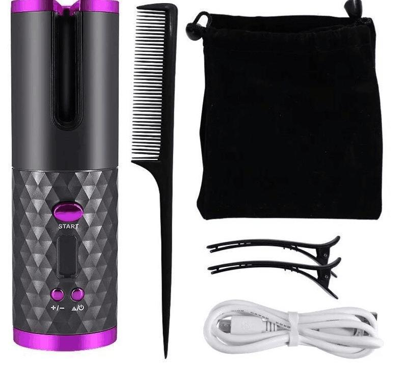 Wireless automatic electric hair curler set with ceramic rotating curling barrel, precision styling comb, two hair sectioning clips, USB charging cable and black drawstring storage pouch; cordless portable curling iron for creating loose waves, defined curls and salon-style hairstyles at home or while traveling.
