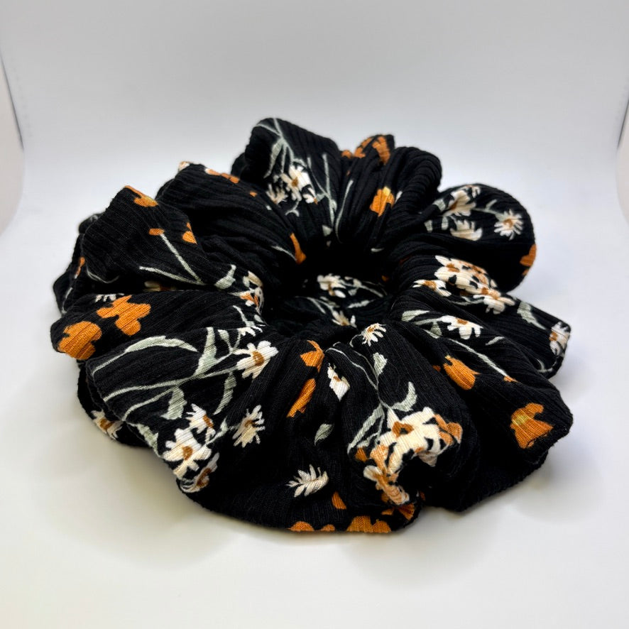 Black Floral Summer Ribbed Scrunchie