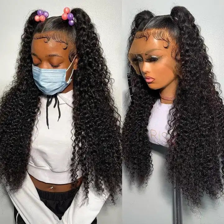 12A Water Wave Human Hair 13x4 Lace Front Wig with long black deep curly wet and wavy texture, natural hairline, baby hairs and high-density Brazilian virgin human hair