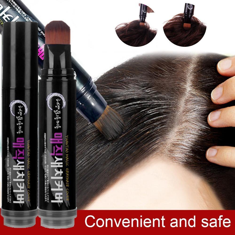 Temporary hair color brush and comb applicator for easy DIY root touch-ups and washable hair coloring in black, brown or coffee shades.