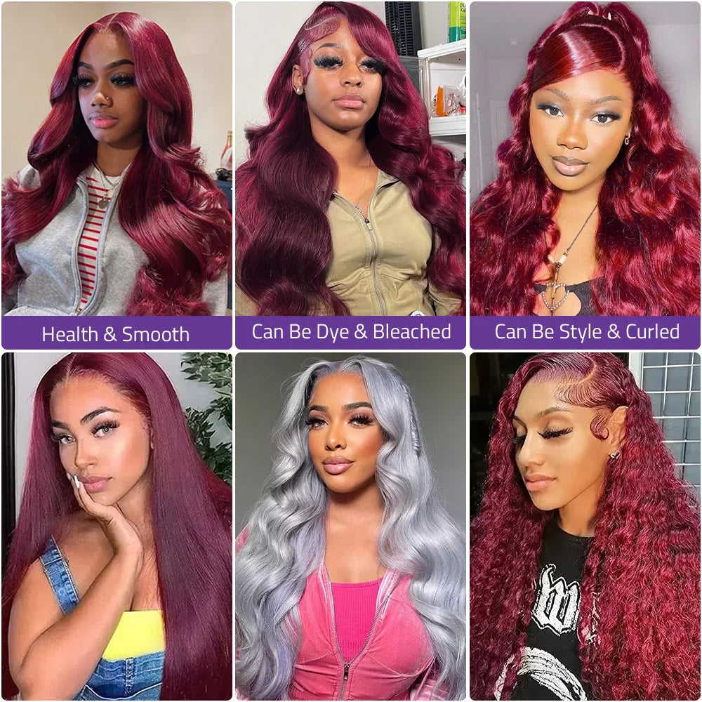 Collage of women with styled hair, showcasing different hair color options and care instructions. Burgundy Body Wave Human Hair Wig 13x4 Lace Front Brazilian Hair Wig