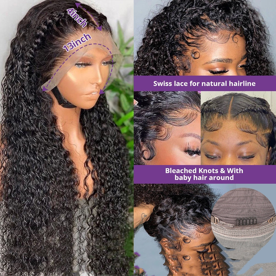 Jerry Curly Human Hair 13x4 Lace Front Wig with Swiss Lace, Bleached Knots, Baby Hair, Natural Hairline, Long Black Deep Curly Brazilian Wet Wave Wig for Women