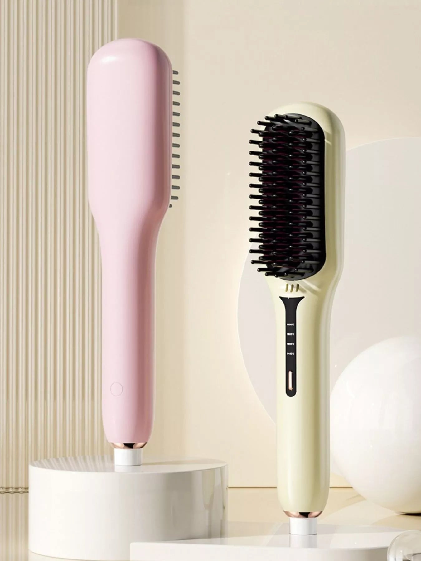 Pink and ivory fast-heating electric hair straightening comb and heated straightening brush with black bristles, ergonomic handle and temperature controls for smooth, sleek hair styling.