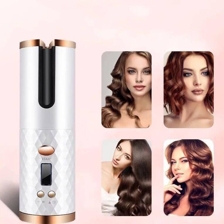 Wireless automatic hair curler curling iron with ceramic styling barrel, cordless rotating curling wand for creating loose waves, defined curls and salon-style hairstyles, shown with before and after hair styling results, portable electric hair styling tool for women