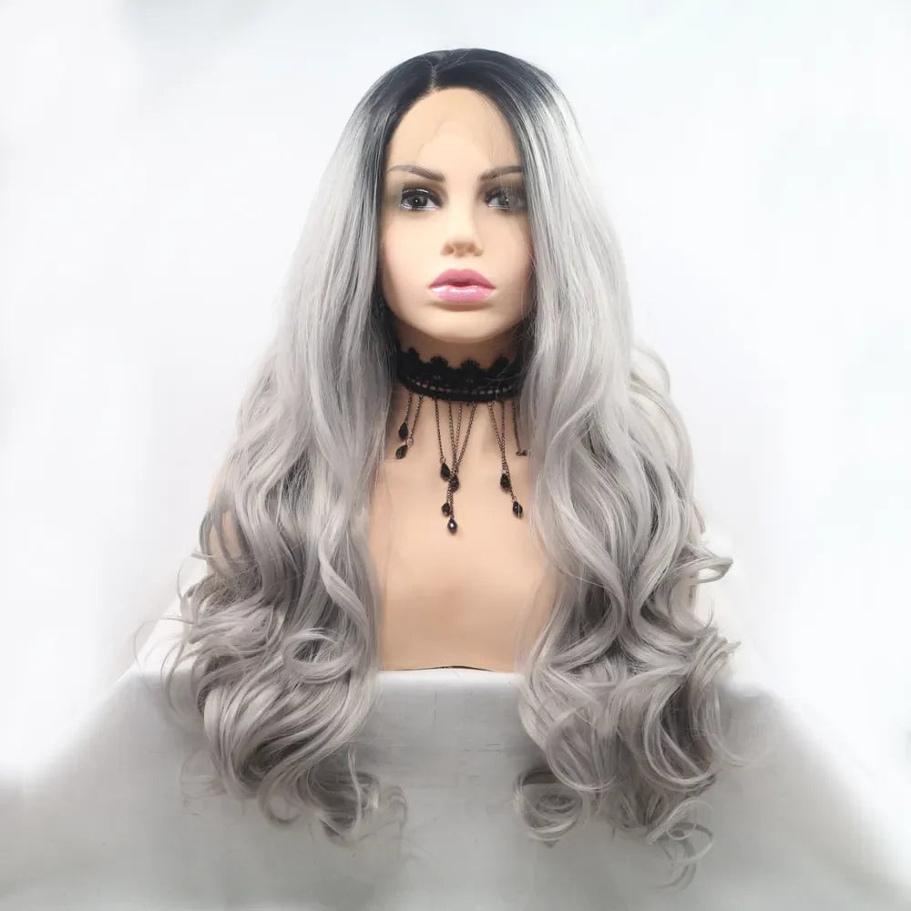 24" Lace Front Synthetic Wig in Black Ombre, Long Wavy