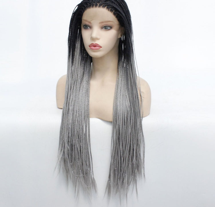 Long grey ombre box braided lace front wig with black roots, triple strand micro braids, straight high-temperature synthetic fiber hair, full-length protective braided hairstyle for women