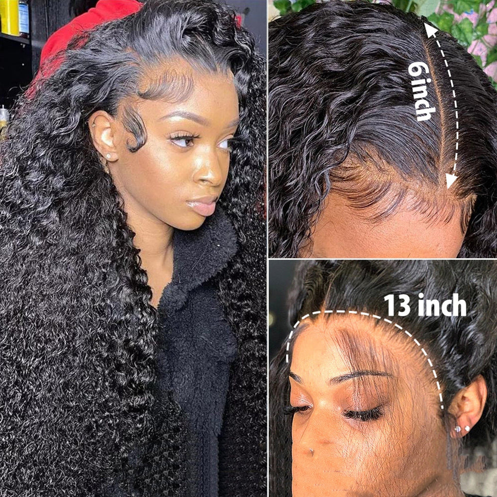 Jerry Curly Human Hair 13x4 Lace Front Wig, Deep Curly Brazilian Hair Wig with 6-Inch Parting, Natural Hairline, Baby Hair for Black Women