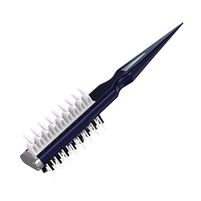 Navy blue hairbrush with white bristles on a white background