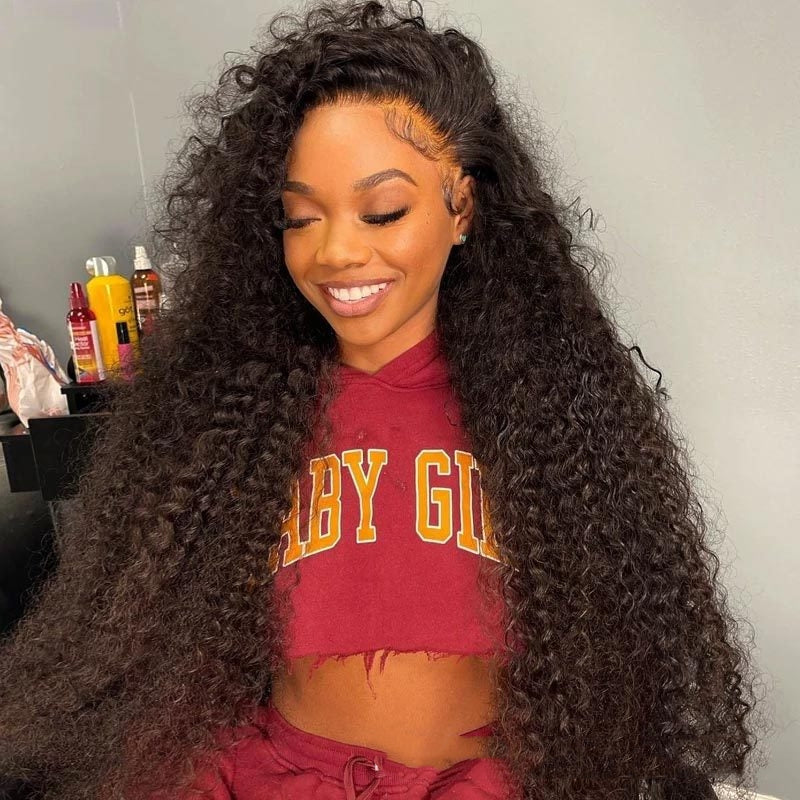 Jerry Curly Human Hair Lace Front Wig with long voluminous deep curly Brazilian hair, natural hairline, baby hairs, black wet wave curls and realistic lace for women