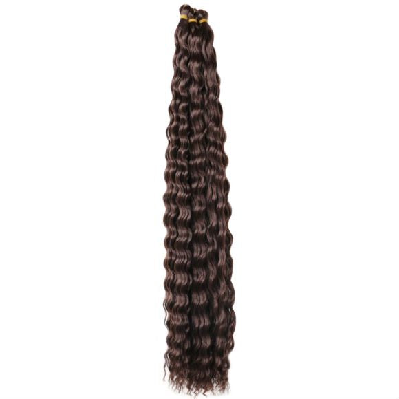 Long dark brown deep wave synthetic hair extension, Russian chemical fiber wavy hairpiece for women, natural-looking curls on white background