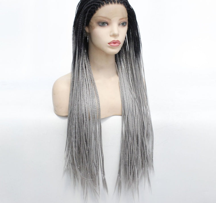 Long grey ombre box braided lace front wig with black roots, triple strand micro braids, straight high-temperature synthetic fiber hair, full-length protective braided hairstyle for women