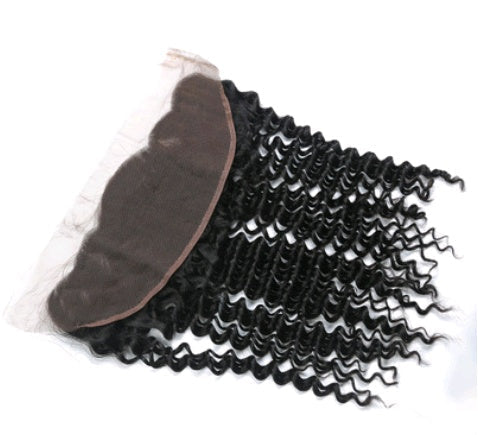 13x4 Deep Wave Human Hair Lace Frontal Closure in Natural Black, Curly Virgin Remy Hair Ear-to-Ear Transparent Swiss Lace Frontal for Wigs, Sew-Ins, Extensions & Protective Hairstyles
