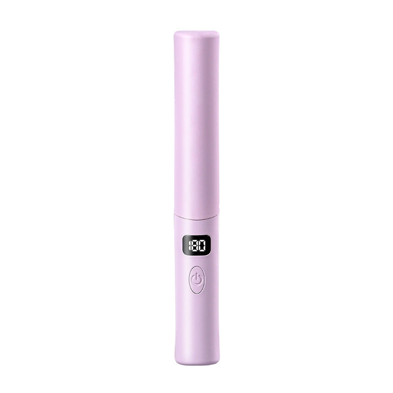 Pink rechargeable cordless heated hair straightening comb with LCD digital temperature display, USB charging, quick heat technology, anti-scald design, portable travel size, frizz control and smoothing styling tool for sleek straight hair on white background.