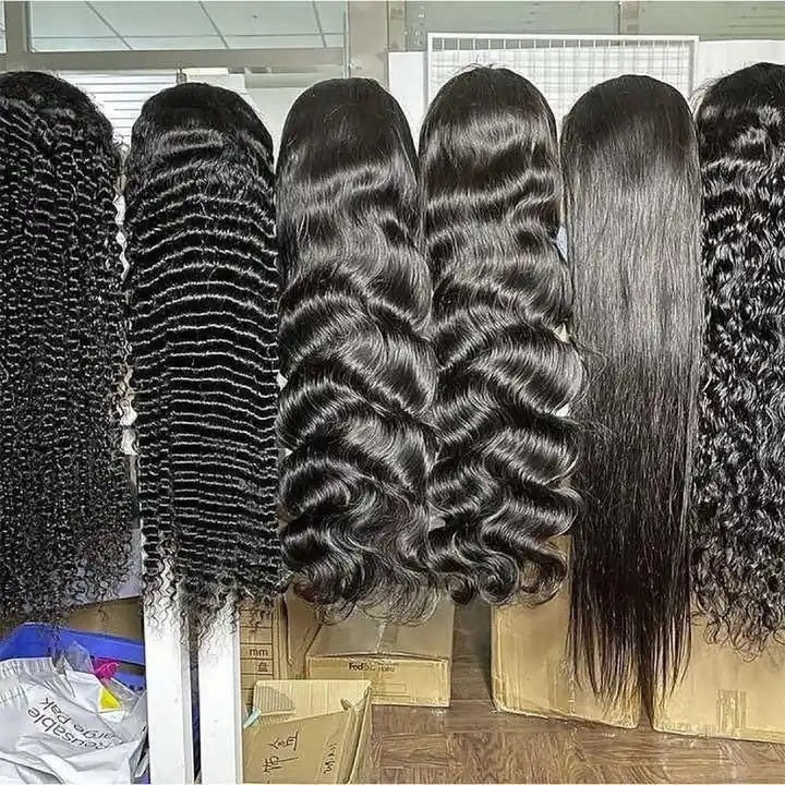 12A Water Wave Human Hair 13x4 Lace Front Wig texture comparison featuring six premium black human hair styles, including deep wave, water wave, body wave, loose wave, silky straight and curly textures with natural shine, defined waves and voluminous curls.