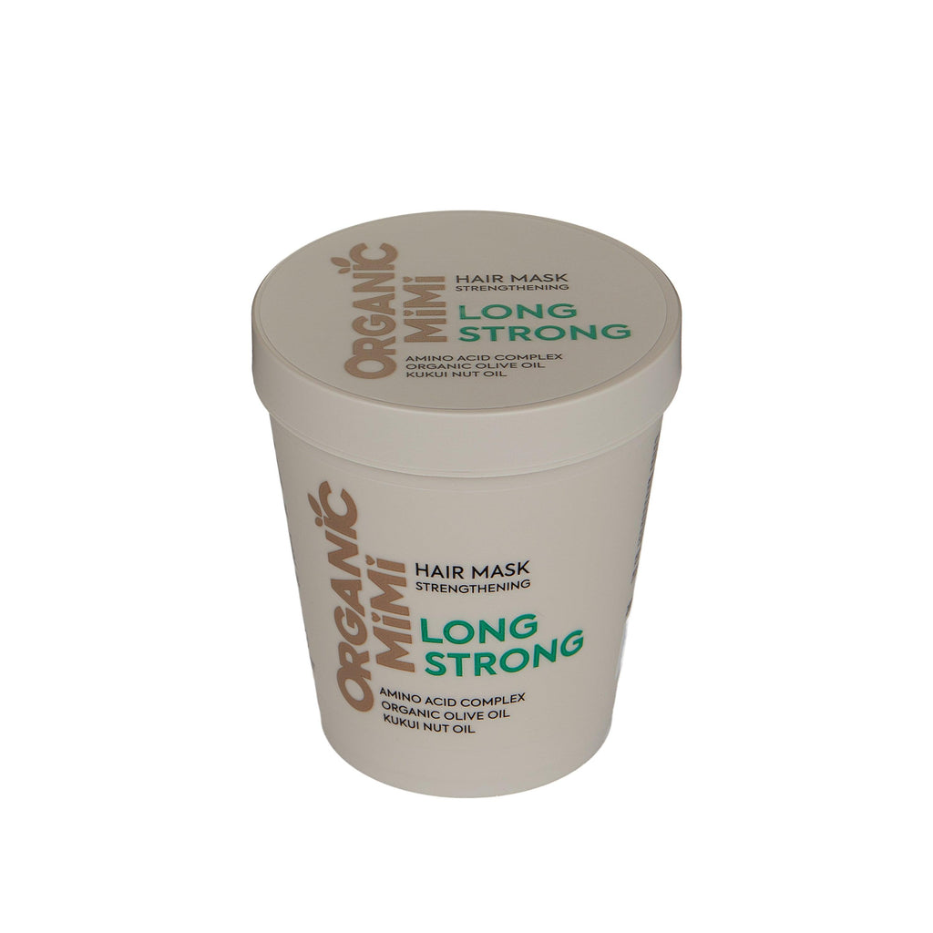 Organic MIMI Long Strong Strengthening Hair Mask 200 ml with amino acid complex, organic olive oil and kukui nut oil for stronger, nourished, moisturized hair growth and repair