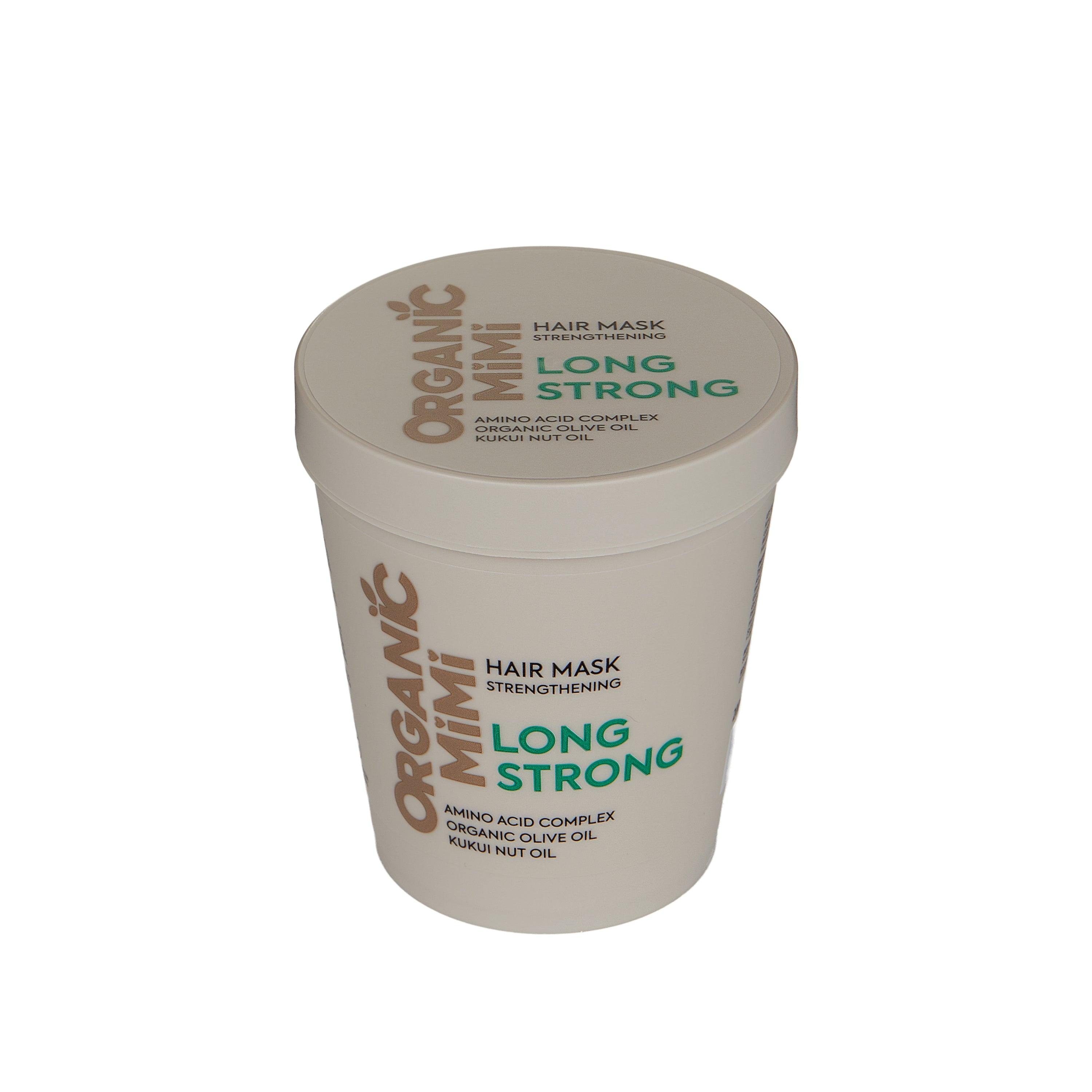 Organic MIMI Long Strong Strengthening Hair Mask 200 ml with amino acid complex, organic olive oil and kukui nut oil for stronger, nourished, moisturized hair growth and repair
