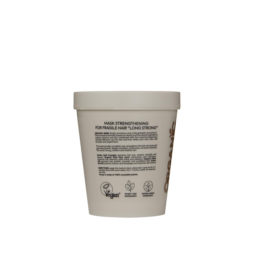 Organic MIMI Long Strong Strengthening Hair Mask 200 ml for fragile, weak and damaged hair, vegan deep conditioning treatment with amino acid complex, organic olive oil and kukui nut oil to nourish, moisturize, strengthen and promote healthy hair growth