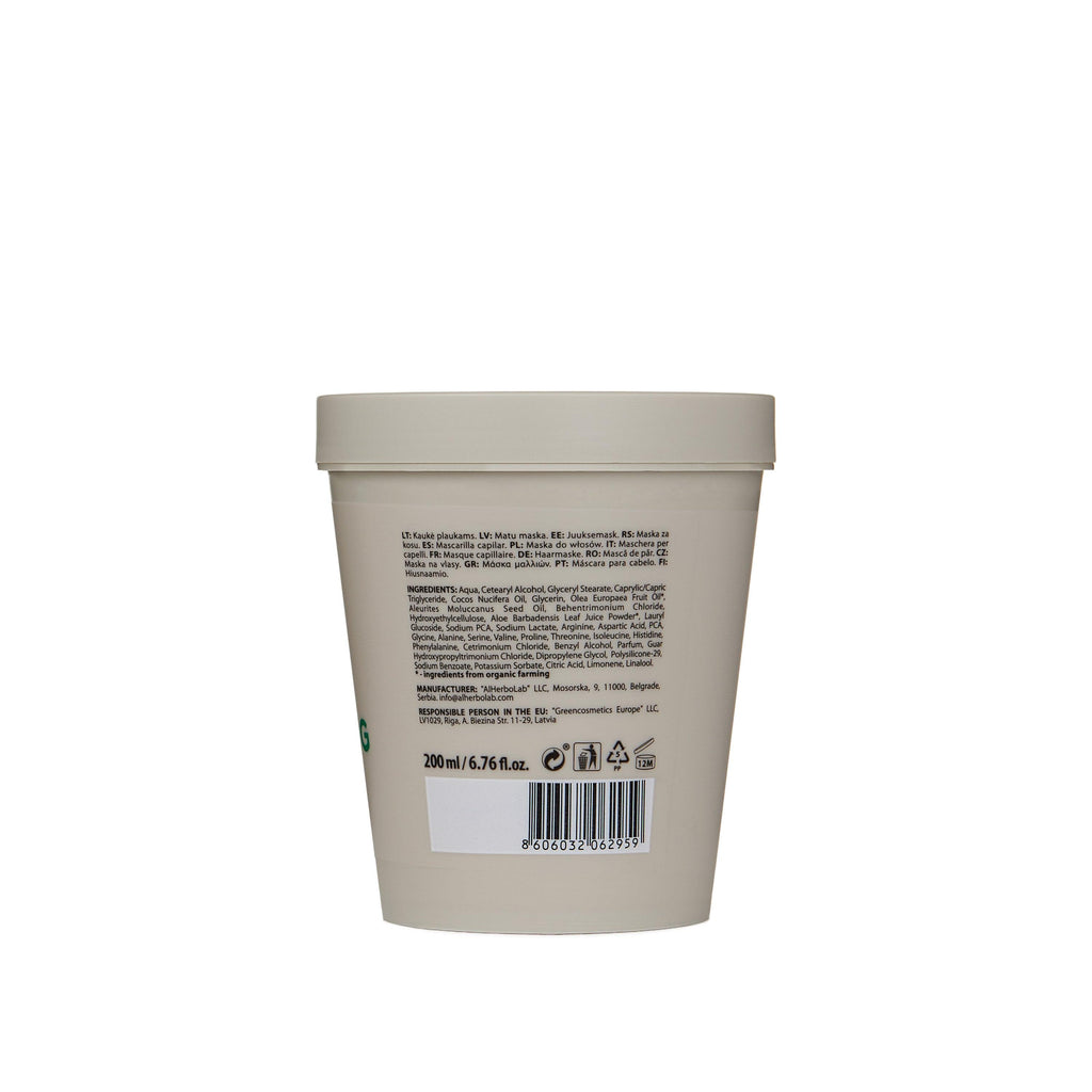 Organic MIMI Long Strong Strengthening Hair Mask 200 ml back label with amino acid complex, organic olive oil, kukui nut oil and aloe vera; vegan deep conditioning treatment for weak, fragile and damaged hair to strengthen, nourish, moisturize, improve elasticity and support healthy hair growth.