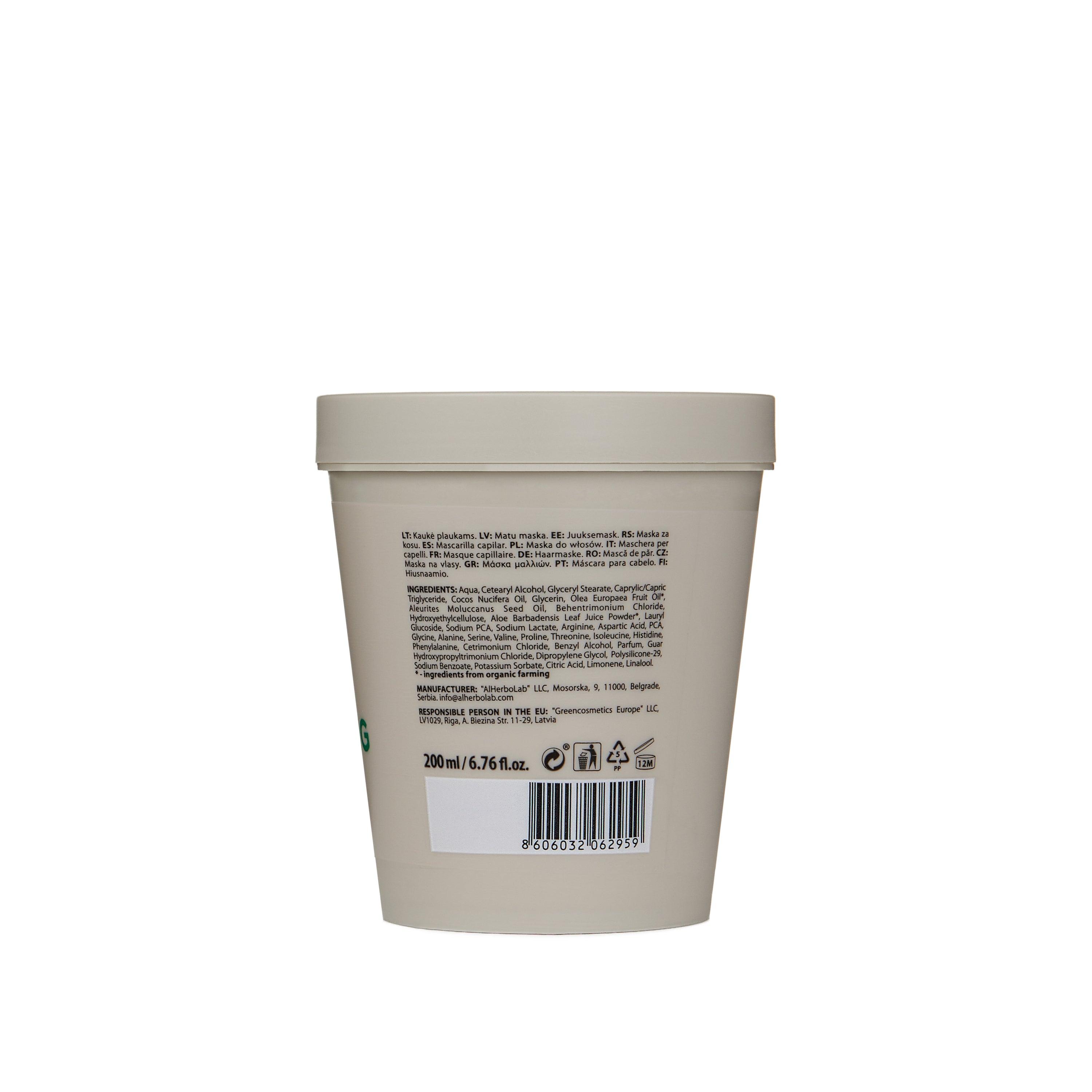 Organic MIMI Long Strong Strengthening Hair Mask 200 ml back label with amino acid complex, organic olive oil, kukui nut oil and aloe vera; vegan deep conditioning treatment for weak, fragile and damaged hair to strengthen, nourish, moisturize, improve elasticity and support healthy hair growth.