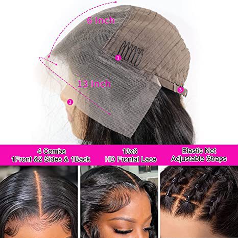 12A Water Wave Human Hair 13x4 Lace Front Wig cap construction with 13x6 HD frontal lace, 4 secure combs, elastic net, adjustable straps, 6-inch parting depth and 13-inch ear-to-ear lace for a breathable, comfortable fit and natural-looking hairline.