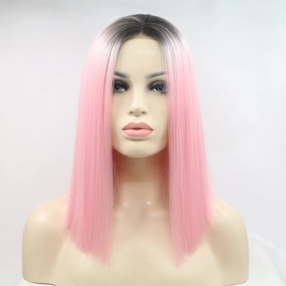 12" Lace Front Synthetic Wig in Pink Ombre, Mid-Length