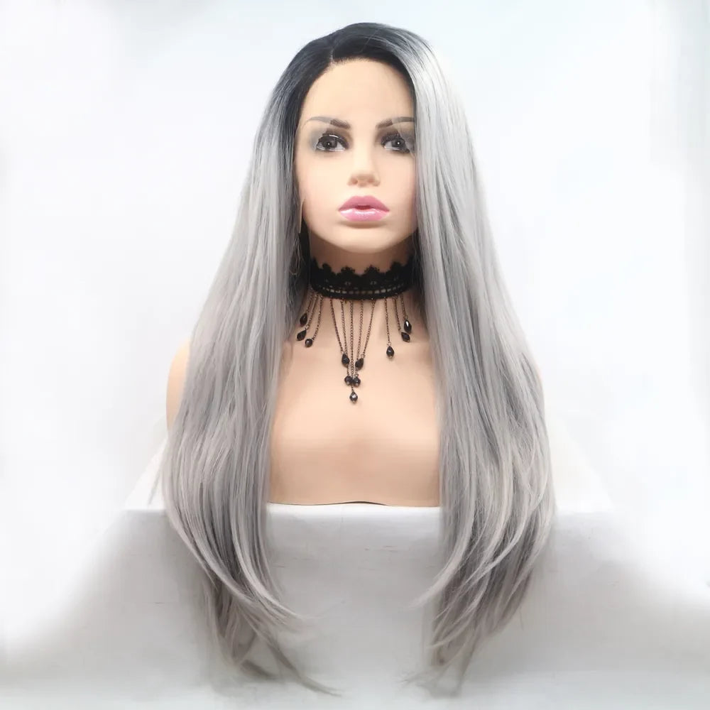 24" Lace Front Synthetic Wig in Silver Ombre, Long Straight