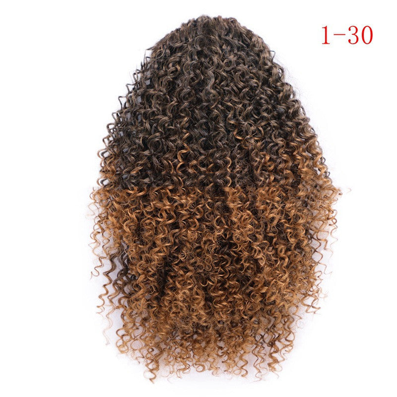 African drawstring small curly ponytail wig extension for Black women, ombre 1B/30 brown kinky curly hairpiece, natural voluminous curls, adjustable drawstring protective updo.