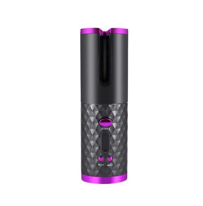 Wireless automatic electric hair curler in black and purple with rotating ceramic curling barrel, digital controls and cordless portable design for creating defined curls, loose waves and salon-style hairstyles at home or while traveling.
