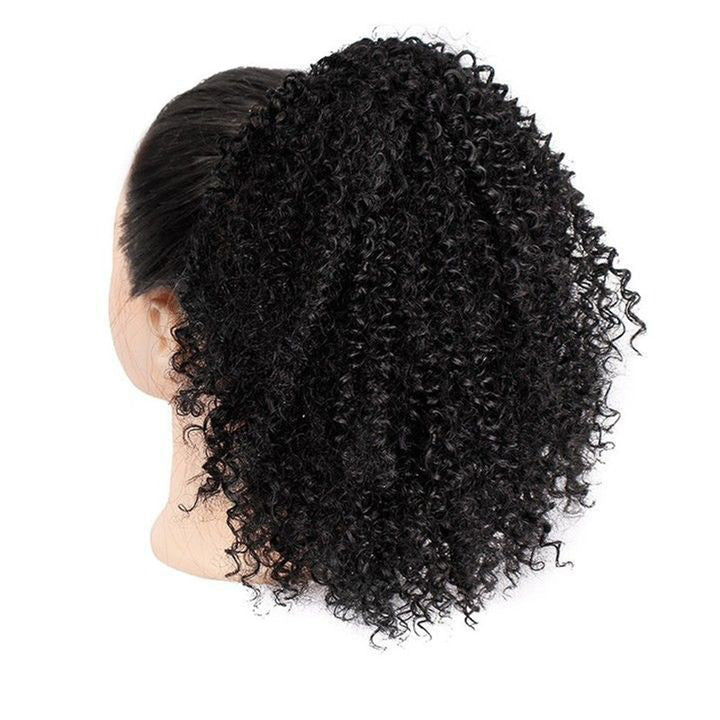 African drawstring small curly ponytail wig extension for Black women, natural black kinky curly hairpiece with voluminous defined curls, adjustable drawstring attachment, easy protective styling, natural-textured updo, curly puff ponytail hair extension for everyday wear and special occasions.