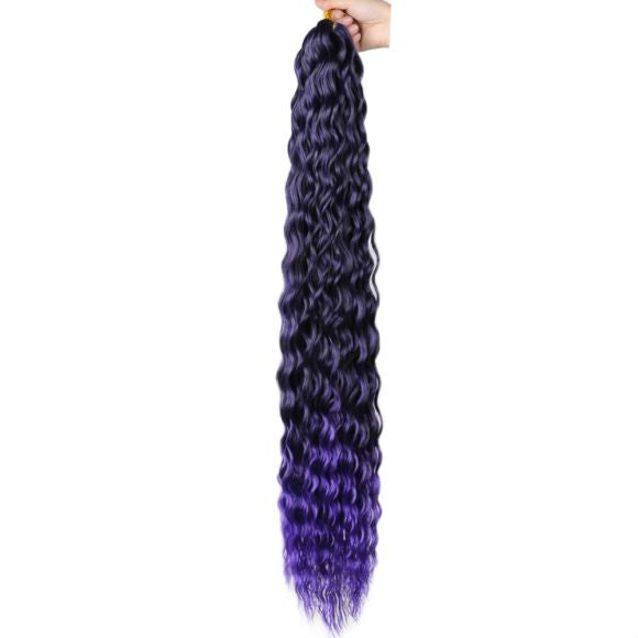 Long Purple Deep Wave Synthetic Hair Extension, Russian Chemical Fiber Wavy Curly Hairpiece for Women, purple hombre dark purple with light purple colored ends, Luxury Violet Purple Hair Extension on White Background.