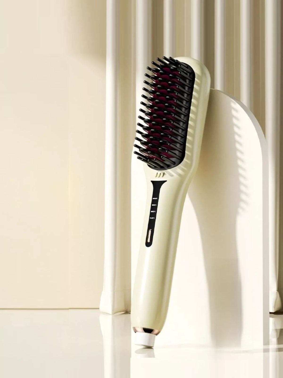 Ivory fast-heating electric hair straightening brush with black heated bristles, ergonomic handle, adjustable temperature controls and rapid heat technology for smooth, sleek, frizz-free hair styling.