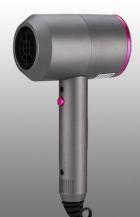 Gray hair dryer with pink accents on a light gray background