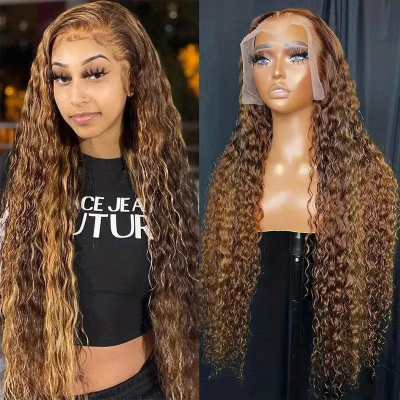 P4/27 Highlight 13x6 Water Wave Lace Front Human Hair Wig, long honey blonde and brown highlighted wet and wavy lace frontal wig, shown styled on a woman and mannequin, Thai Luxury Hair