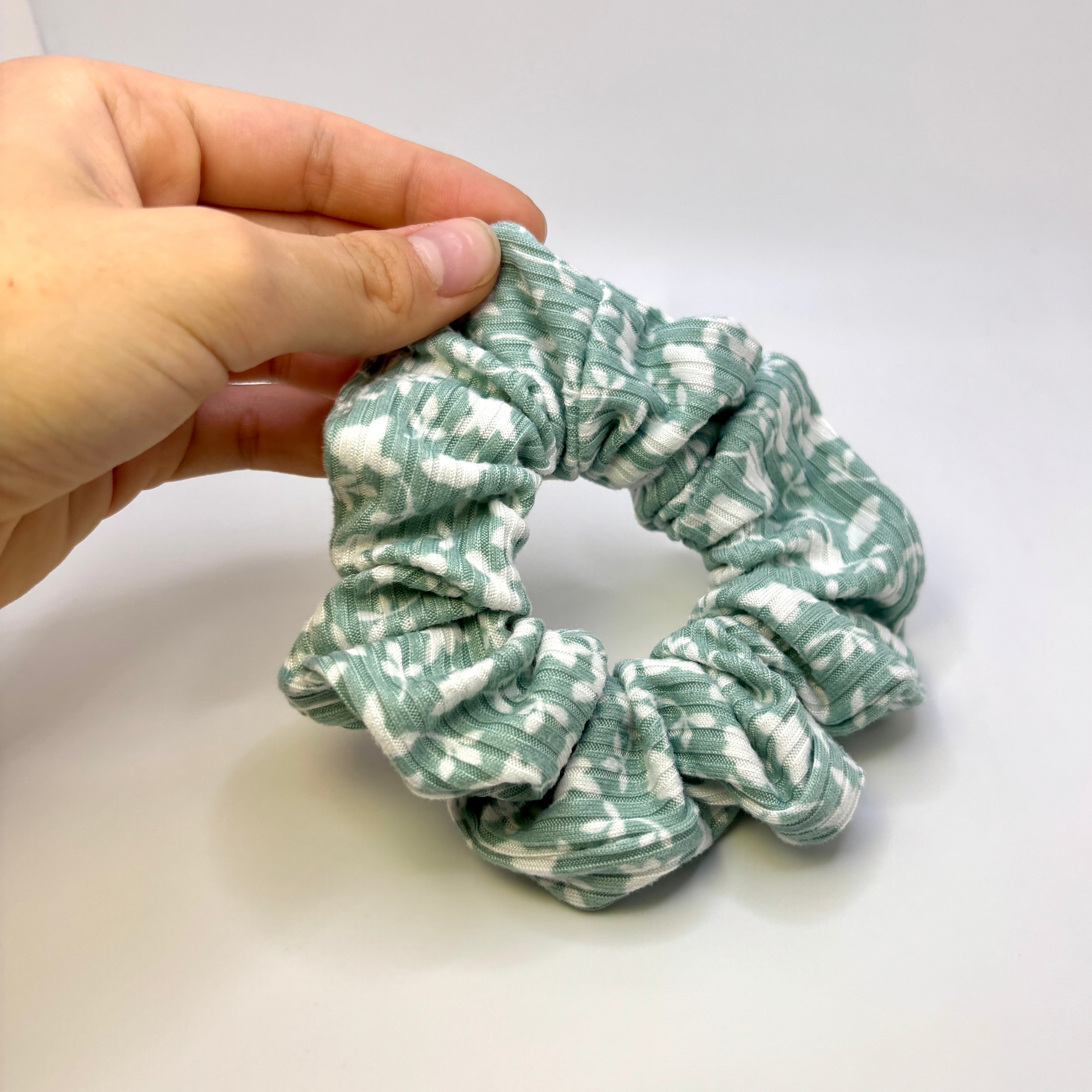 Mini White Leaf Sage Ribbed Scrunchie