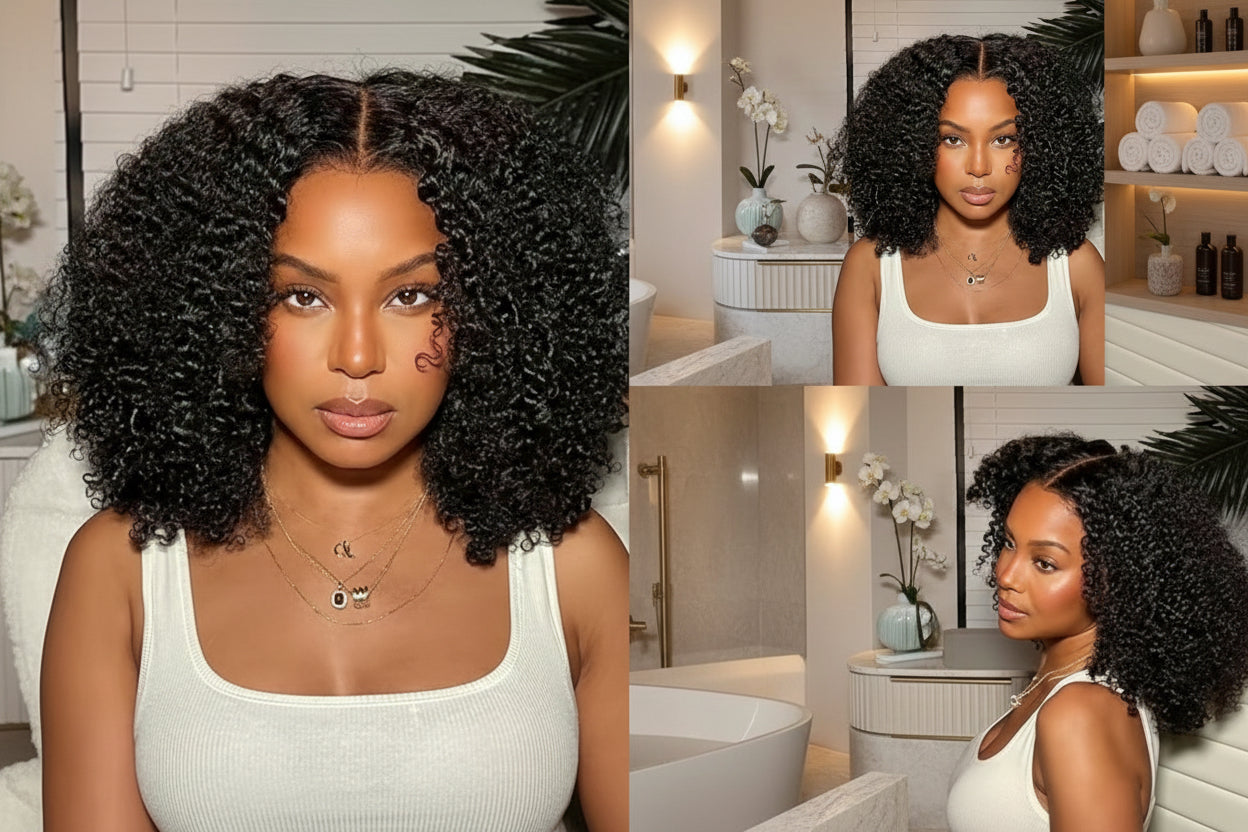 Woman with styled hair in a bathroom setting Afro Kinky Curly 100% Human Hair Glueless Wig 5x5 Bleached Knots Wear Go Wig Pre Cut HD Lace Front Wig
