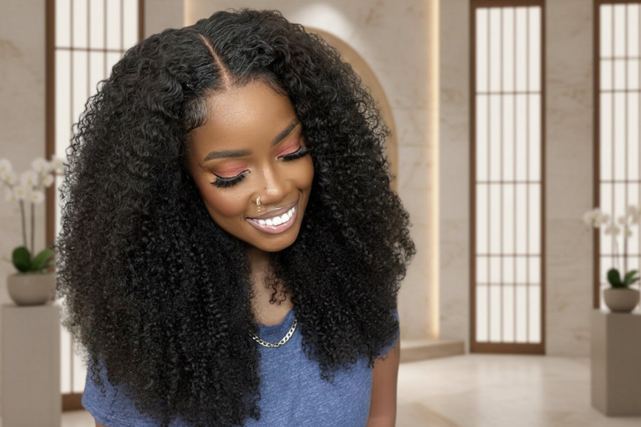 Woman with long, curly hair in a room with decorative elements Afro Kinky Curly 100% Human Hair Glueless Wig 5x5 Bleached Knots Wear Go Wig Pre Cut HD Lace Front Wig