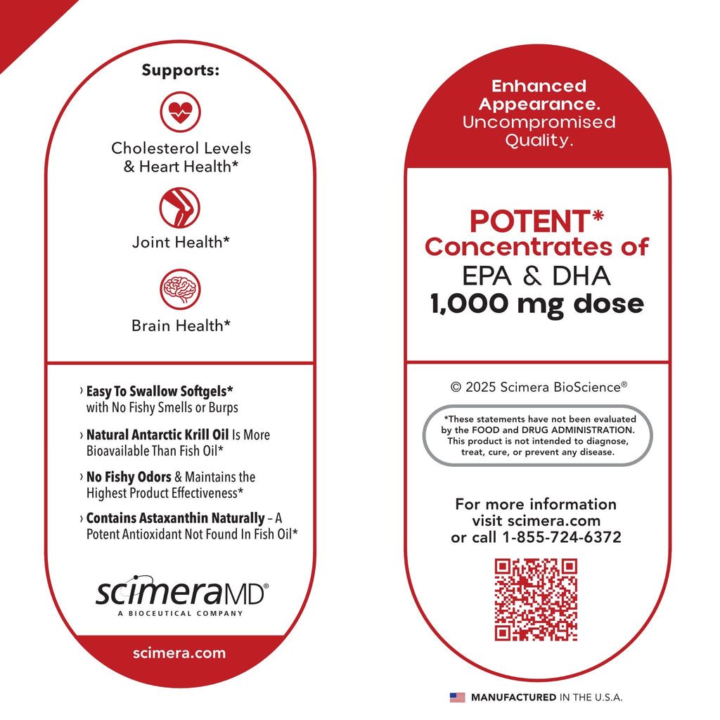 Scimera MD® Krill Oil Antarctic Krill Oil Omega 3 DHA EPA Supplement with Astaxanthin for Heart, Brain, and Joint Support