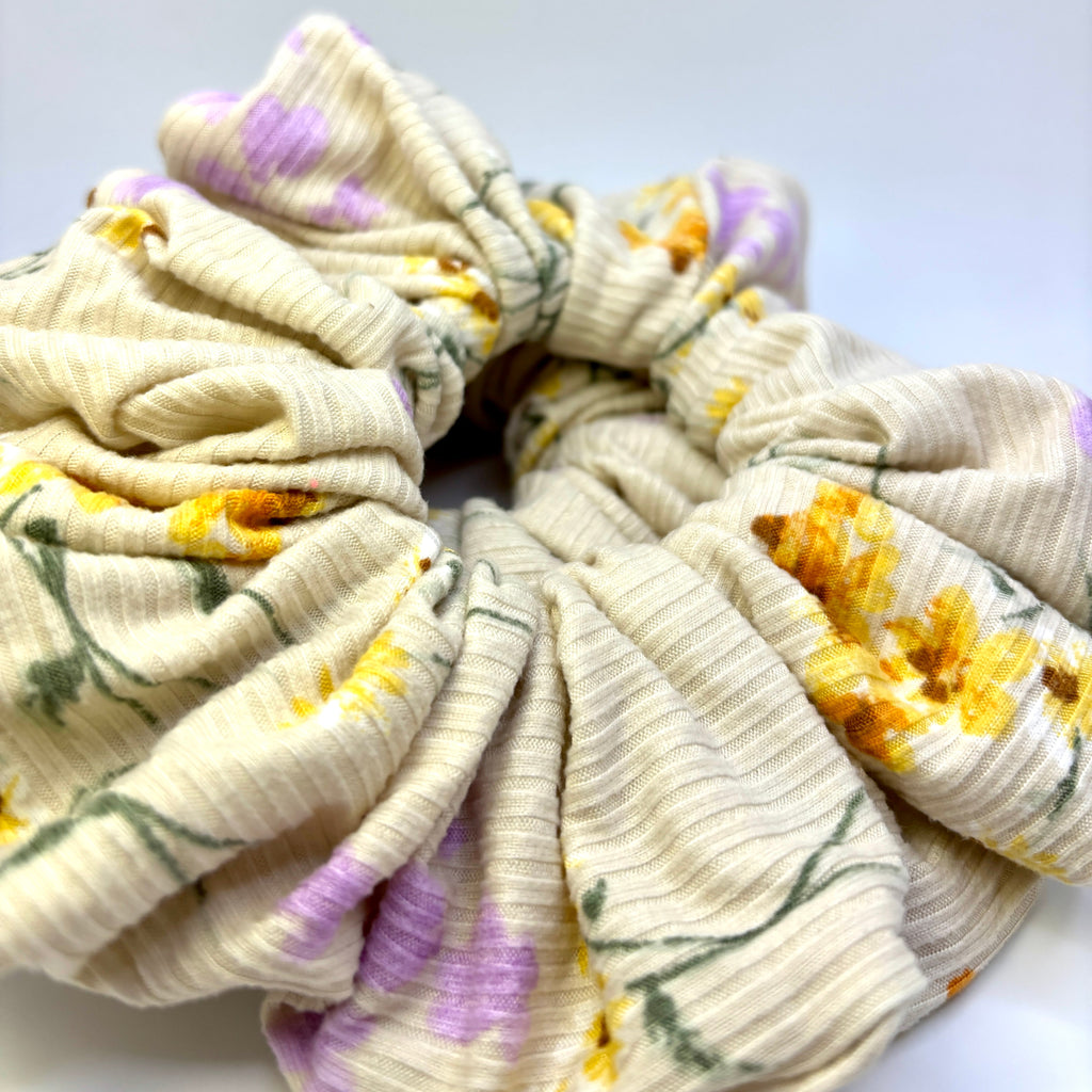 Ivory Floral Summer Ribbed Scrunchie