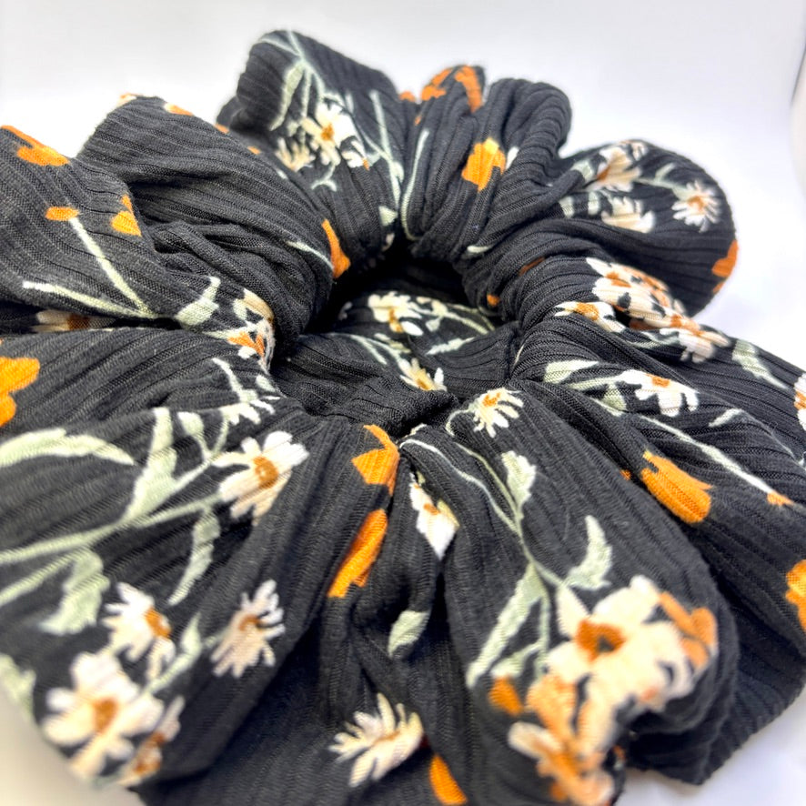 Black Floral Summer Ribbed Scrunchie