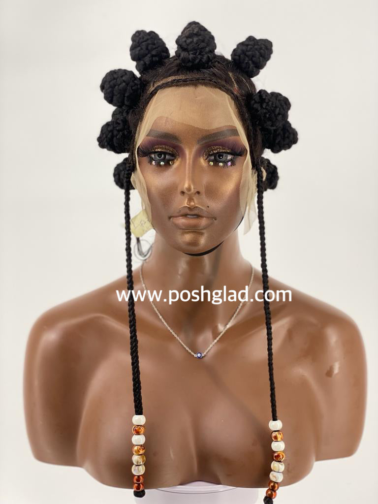 Mannequin head with a wig featuring braided extensions and beads, on a white background. Bantu Knot Wig With Dropping Beads "Swiss Full Lace" Malaika 100% Human Hair