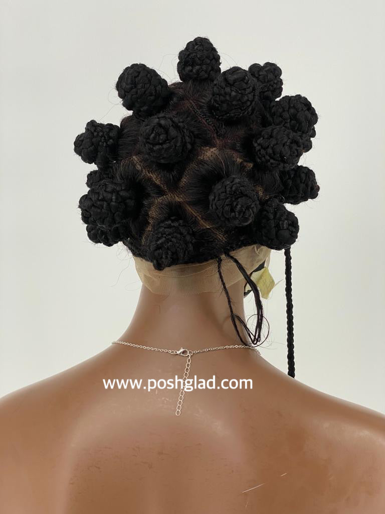 Mannequin head with a decorative black hairpiece on a white background. Bantu Knot Wig With Dropping Beads "Swiss Full Lace" Malaika 100% Human Hair.