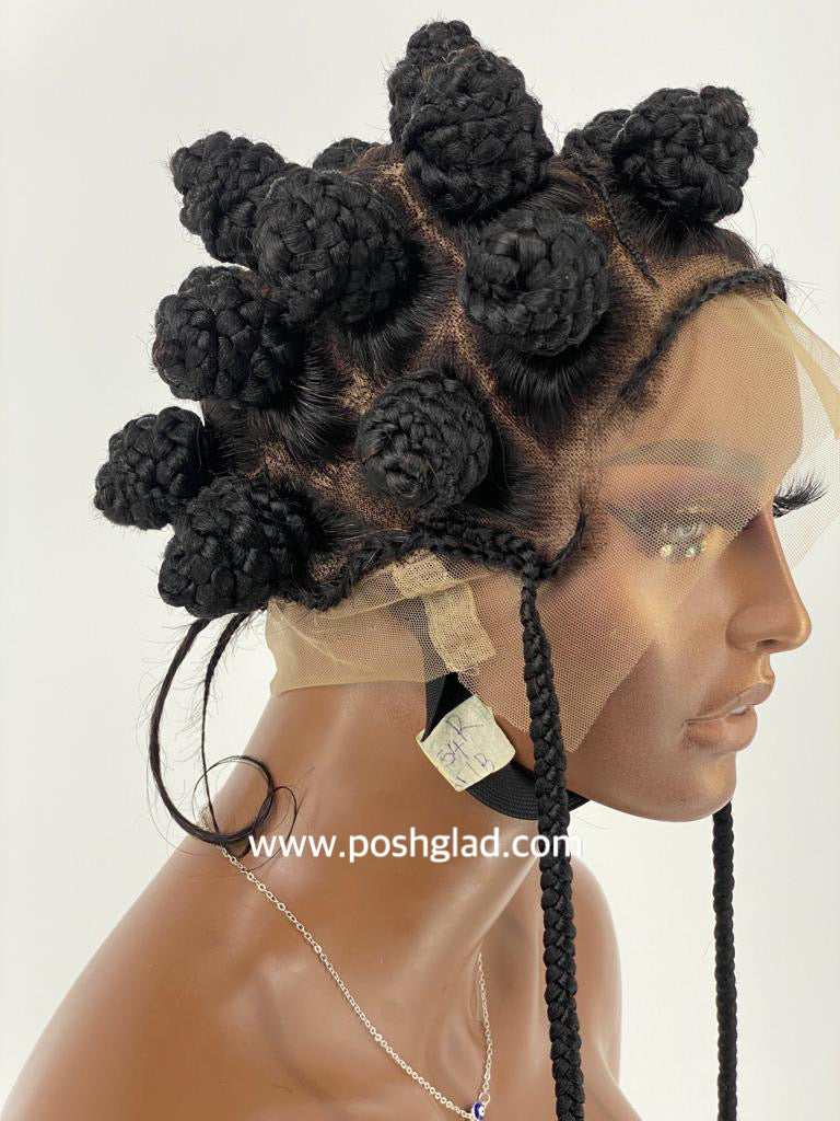 Mannequin head with styled hair featuring braids and decorative elements on a white background. Bantu Knot Wig With Dropping Beads "Swiss Full Lace" Malaika 100% Human Hair
