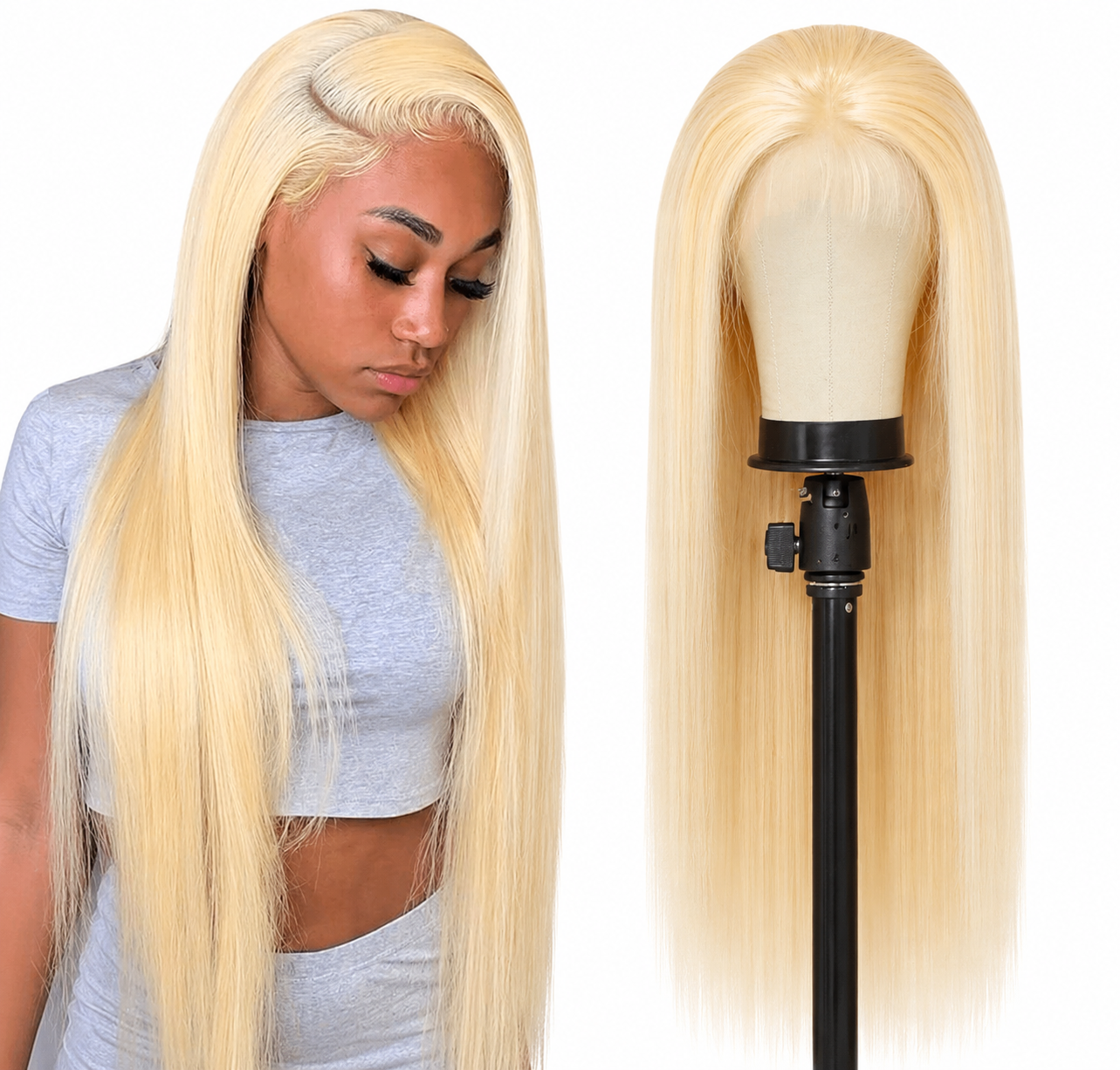 Blonde wig on a mannequin head and worn by a person on a white background